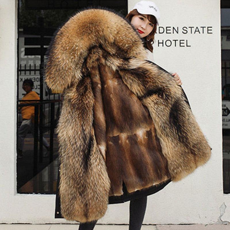Женские зимние парки средней длины, съемная подкладка из меха енота, утепленное пальто из искусственного меха, женская куртка с капюшоном на меху, большие размеры