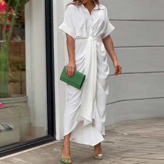 Женское летнее платье с отложным воротником на шнуровке, высокой талией и короткими рукавами, однобортное плиссированное платье макси длиной до щиколотки