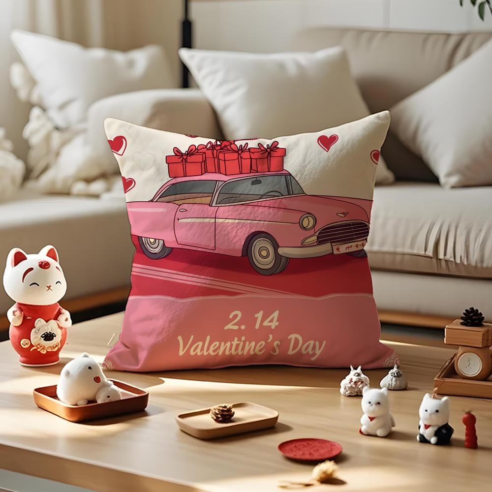 Valentines Day Cartoon Car Cushion Cover Silky Short Plush with Invisible Zipper Dustproof Sofa Pillow Case for Home Decor
