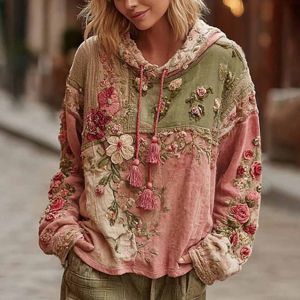 Женский модный худи с длинными рукавами в винтажном стиле, пэчворк, с цветочным принтом, повседневный