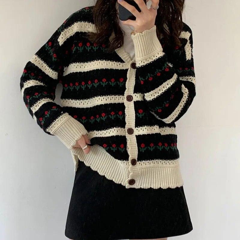 Autumn Flower Print Knitted Cardigan Sweater Women Loose Winter Korean Sweet Cardigan Knitwears Warm Long Sleeve Cardigans 29159
