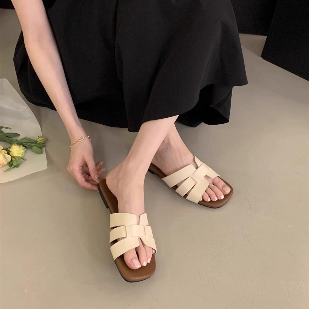 H slippers women's outer wear summer new casual soft flat-bottomed French sandals one-word drag seaside vacation beach sandals