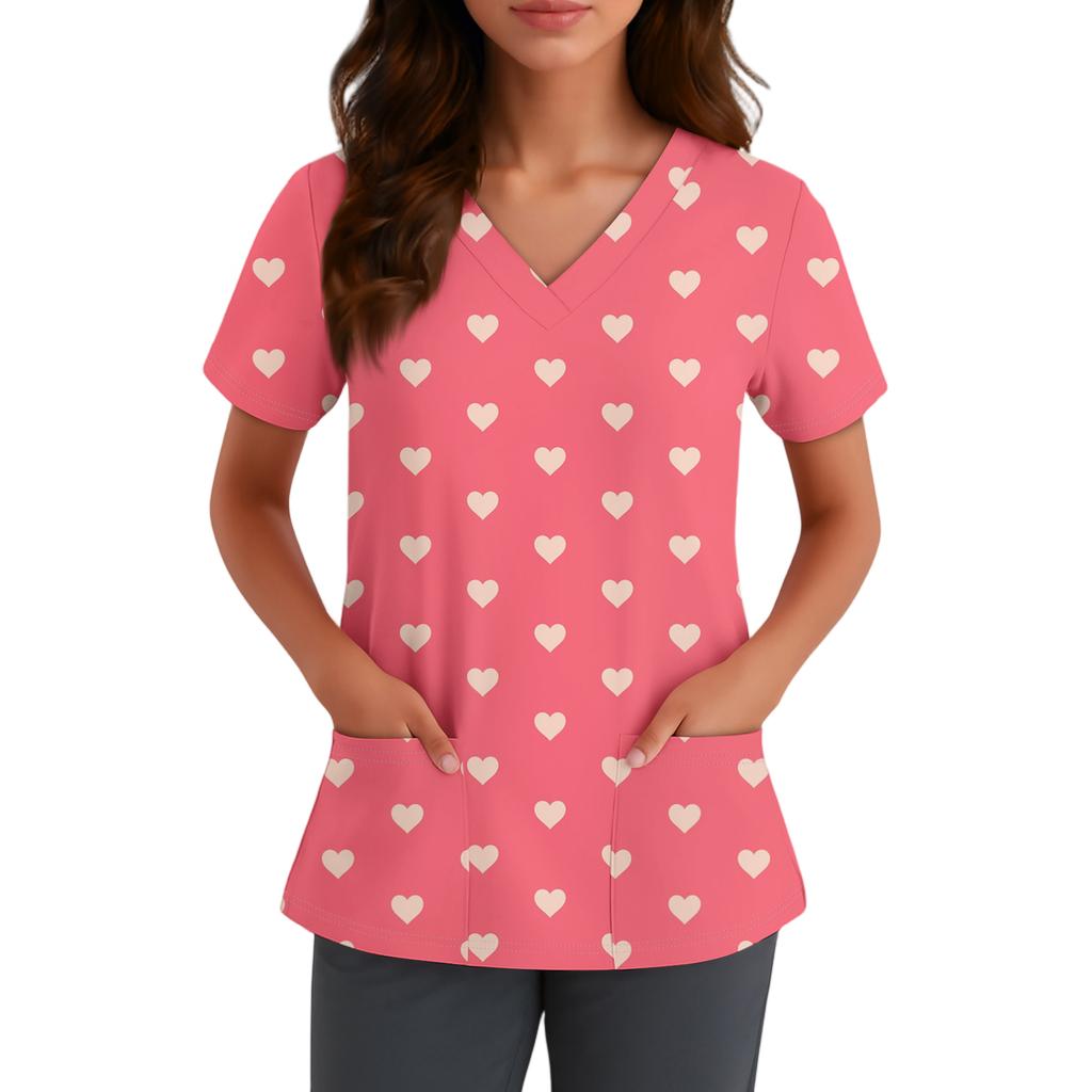 Женская милая блузка с принтом бантиков, рабочая одежда, V-образный вырез, двойной слой, карманы, базовая, с коротким рукавом, пуловер