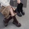 Retro Solid Color Mid-calf Boots Genuine Leather Comfortable Thick Soled Versatile Women's Shoes