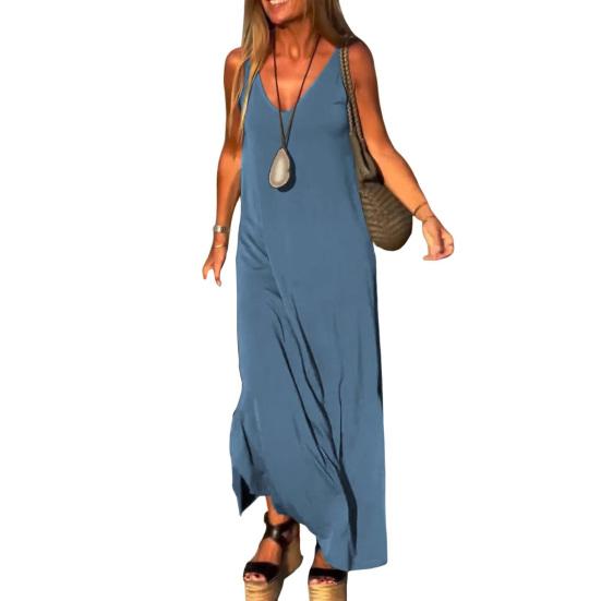 Женское летнее платье-комбинация без рукавов, повседневное платье макси с V-образным вырезом и разрезом, свободный пляжный сарафан, наряд для путешествий и отпуска