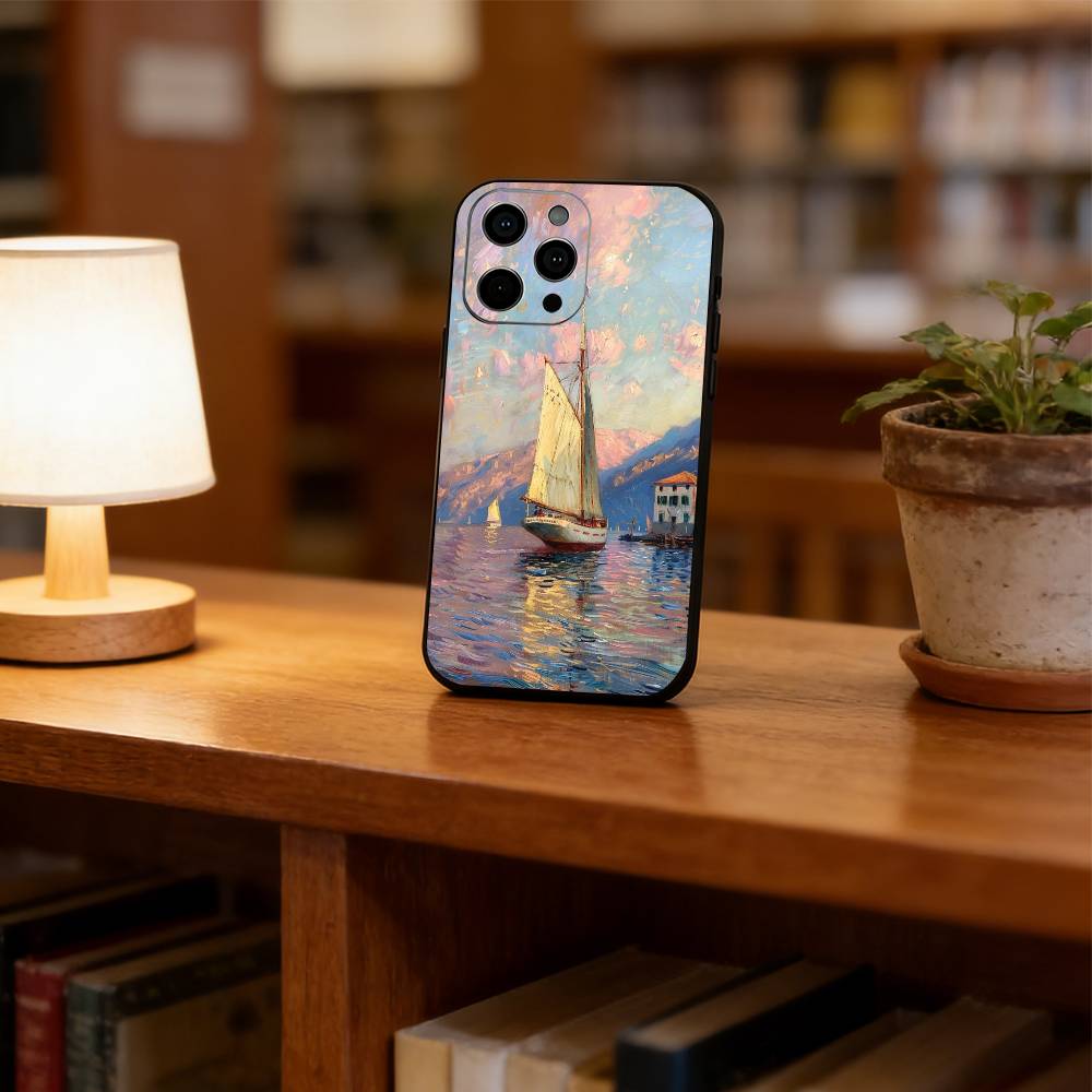 Масляная живопись парусник Чехол для телефона для iPhone 17,16,15,14,13,12,11 Plus,Pro Max,XS,Мягкий силиконовый черный чехол