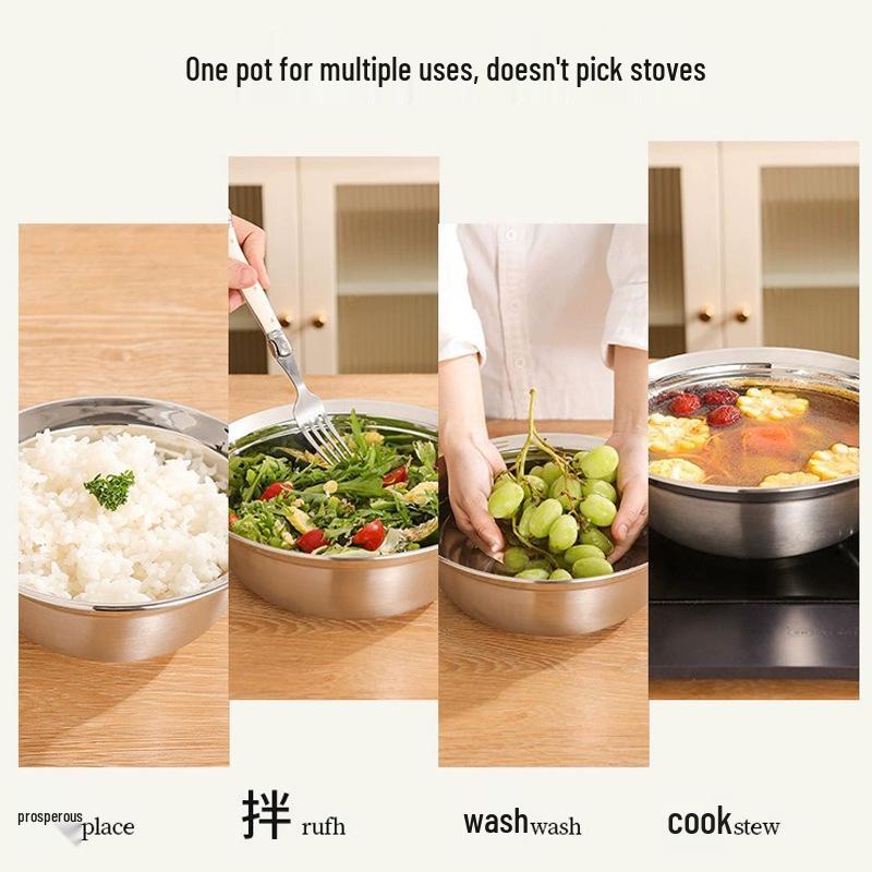 Food Grade 316 Stainless Steel Deep Round Bowl with Beveled Edge - Anti-overflow, Perfect for Soup and Rice