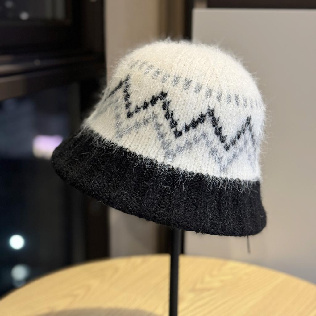 Вязаная шапка-рыбачка Женская зимняя теплая шапка в стиле Fair Isle в корейском стиле с защитой ушей Шерстяная шапка для большого обхвата головы и маленького лица
