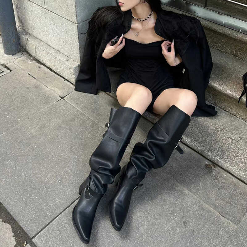 Корейская версия ботфортов с широким голенищем, женские ботинки на толстом каблуке до колена, осенние, с ремешком и пряжкой, ковбойские сапоги, модные сапоги