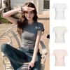 Slim Short-sleeved T-shirt White Summer Hot Girl Top Round Neck Straight Shoulder Women French Elastic Slim Inside and Outside