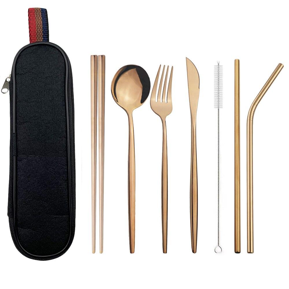 Серебряный набор столовой посуды, дорожный набор столовых приборов, многоразовое серебро, соломенные ложки, вилки, палочки для еды, кухонные аксессуары с сумкой