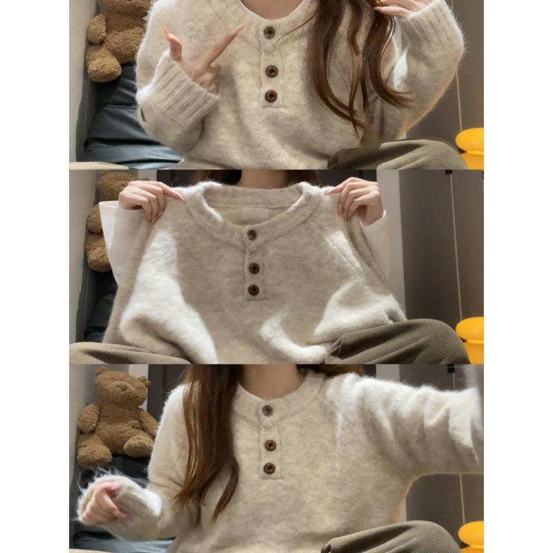 Plush button-up Henry collar knitted top women's autumn and winter temperament soft waxy shoulder sleeves loose sweater bottoming shirt