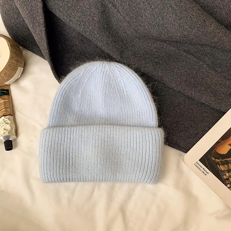 Solid Color Rabbit Fur Knitted Hat Women Winter Warm Wool Hat Warm Angora Fluffy Warm SKI Beanies Korea Ins Fashion Bonnet Caps