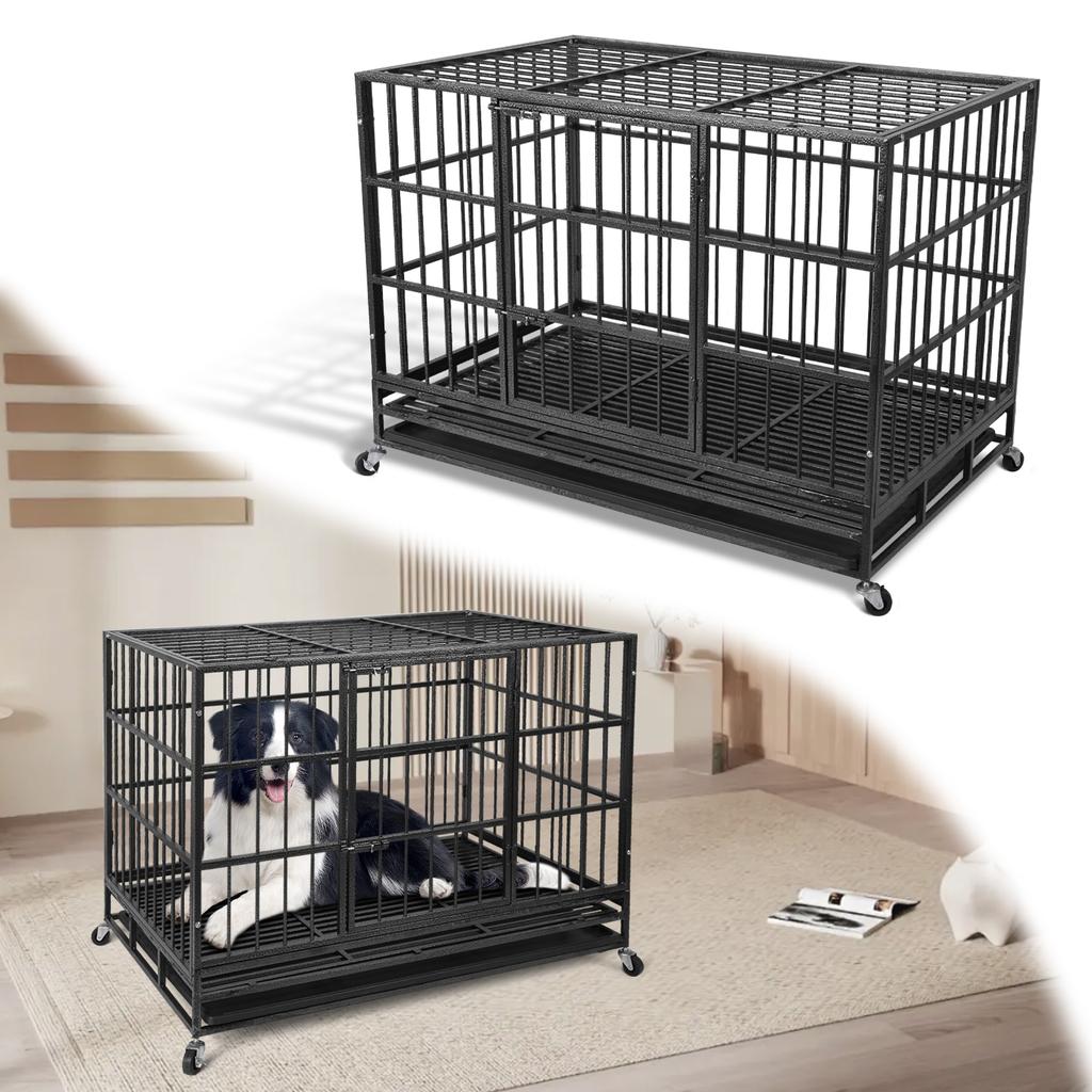 120x76.5x87CM Heavy Duty Dog Crate Metal Pet Dog Crate 2 Doors Locks Design Kennel Playpen with 4 Wheels Removable Tray
