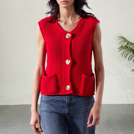 Женский вязаный жилет с V-образным вырезом, без рукавов, однобортный, с карманами, вязаный жилет, универсальный однотонный трикотаж