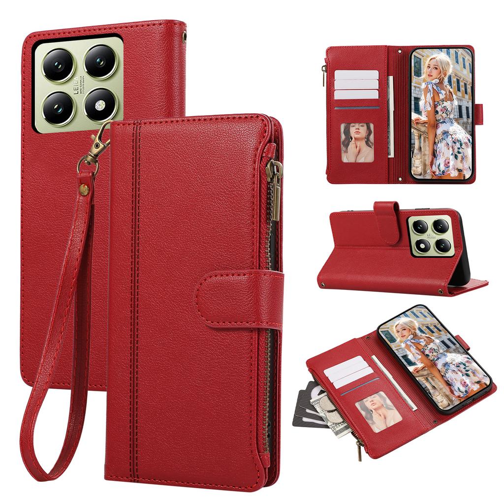 Чехол для Xiaomi 14T Pro, кожаный чехол для телефона на молнии с несколькими отделениями для карт и ремешком на запястье