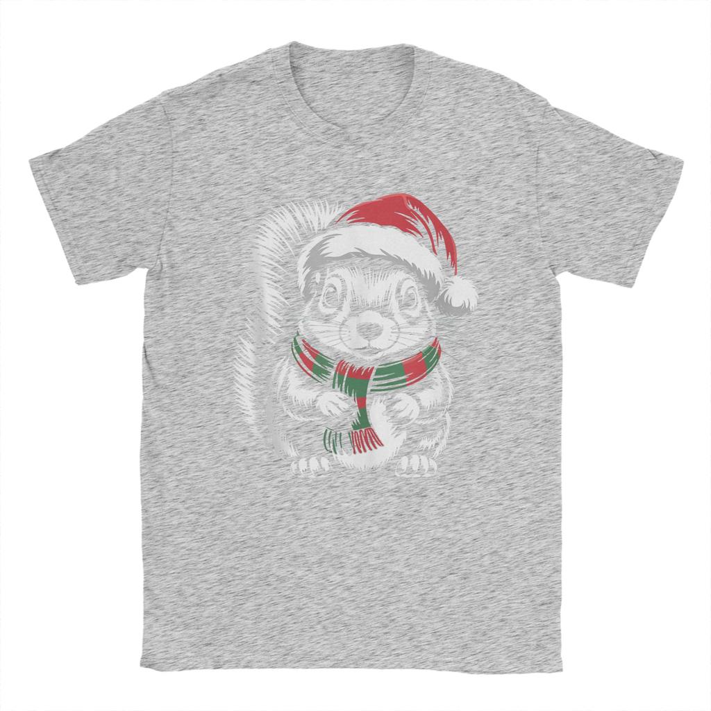 Leisure Squirrel Xmas Santa Hat Scarf Christmas T-Shirts for Men Crew Neck 100 Cotton T Shirts Short Sleeve Tees Plus Size Tops