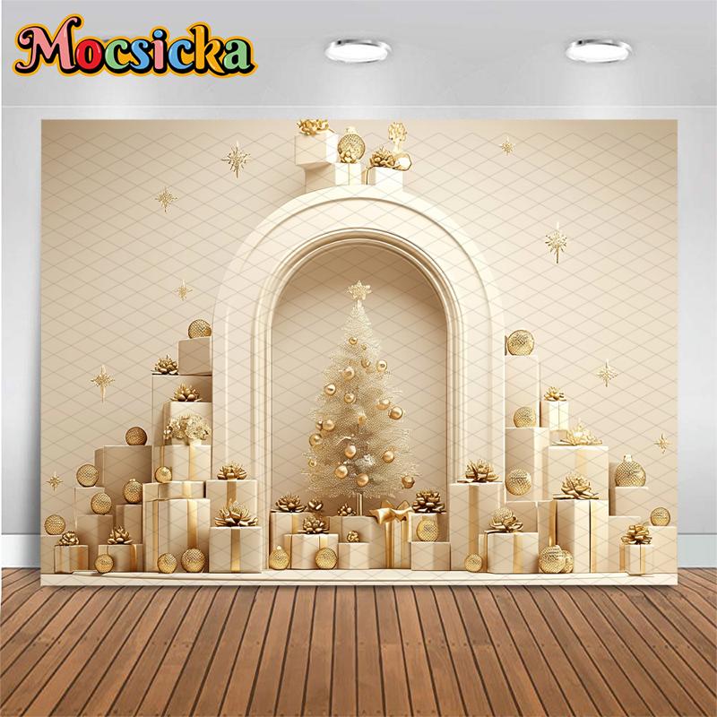 Mocsicka Christmas Backdrop Photography Gold Gifts Tree Party Kid Photo Background Indoor Home Beige Wallpaper Decoration Banner