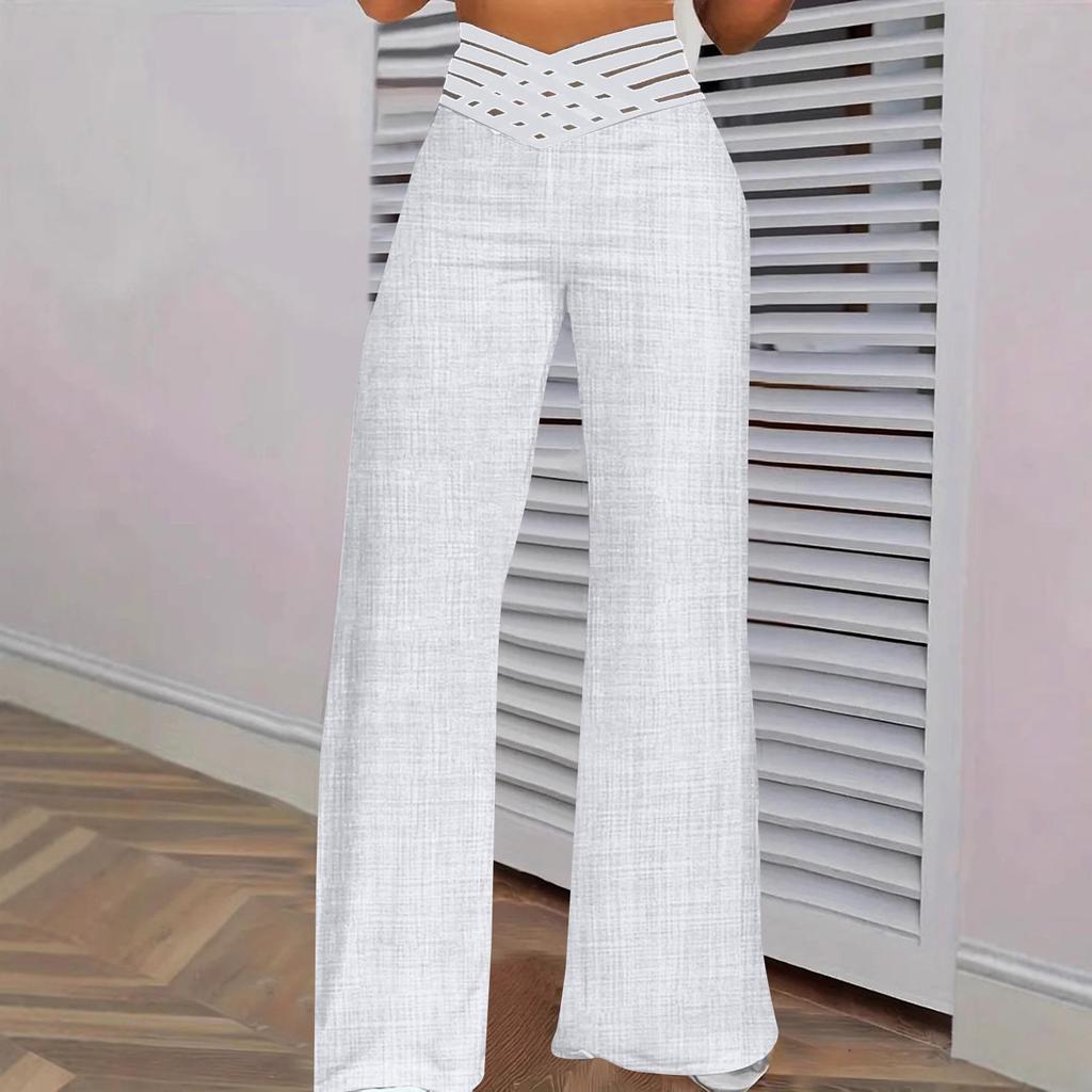 Women's Hollow Belt Trousers Temperament Flared Trousers High Waist Casual Wide Leg Pants