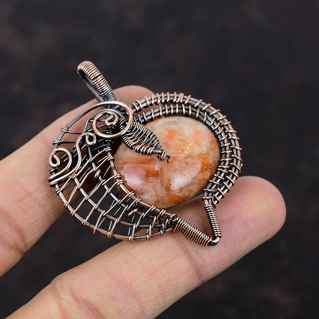 Кулон с солнечным камнем, кулон из медной проволоки, кулон ручной работы, ювелирные изделия из солнечного камня, кулон с драгоценным камнем, этнический кулон, кулон из медной проволоки, ювелирный подарок для нее