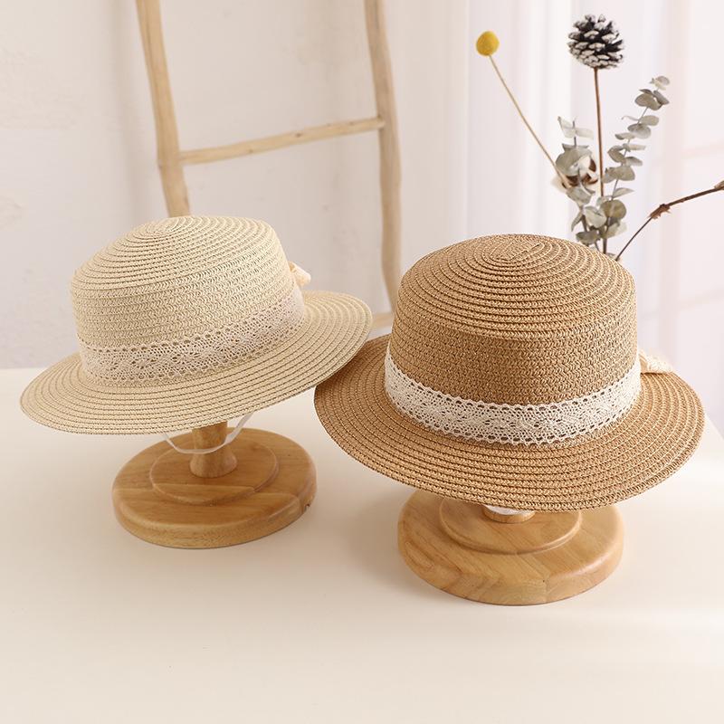 Baby Lace Bowknot Straw Hat Toddler Sun Hat Girls' Beach Hat British Style Top Hat Flat Top Sun Cap