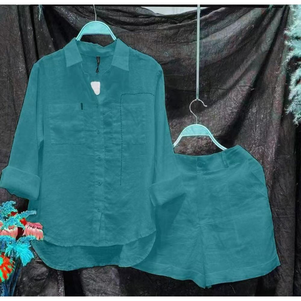 Рубашка с длинным рукавом и шорты, комплект из двух предметов, женский летний повседневный домашний комплект из 2 предметов из хлопка и льна для женщин