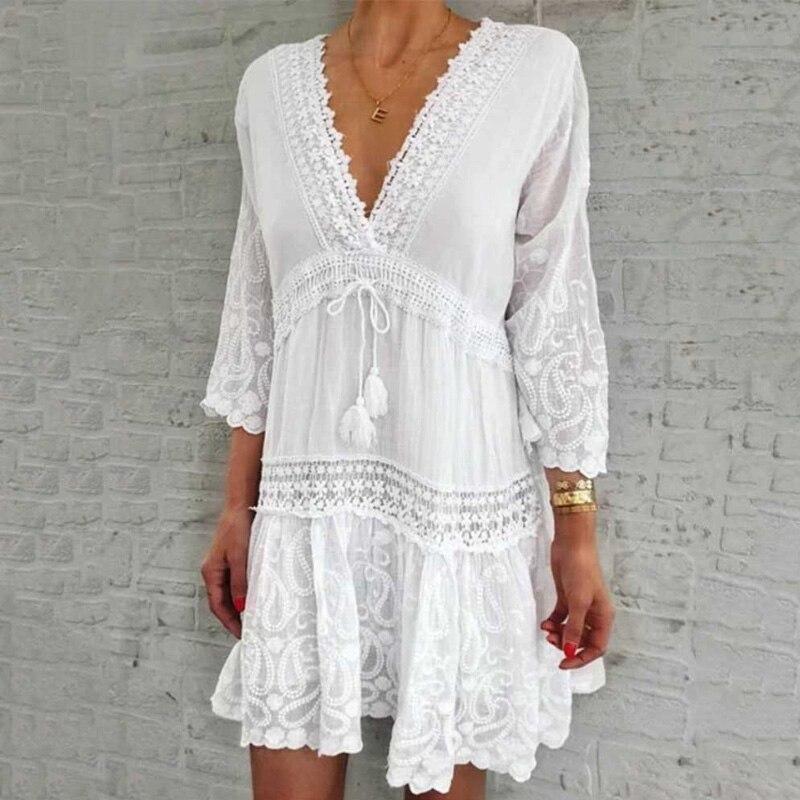 Элегантное однотонное мини-платье с расклешенными рукавами, женское свободное пляжное платье с кисточками и шнурком, летнее винтажное праздничное женское платье с вышивкой