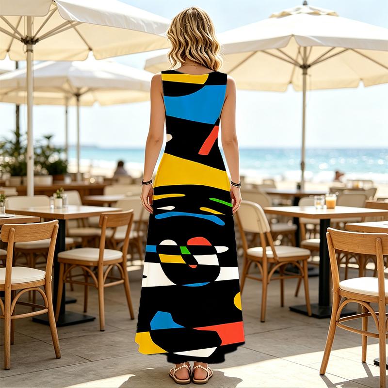 Summer Abstract Art Sleeveless Maxi Dress Loose Fit Soft Comfy Casual Dress for Daily Commute,Home & Vacation,Versatile Fashion