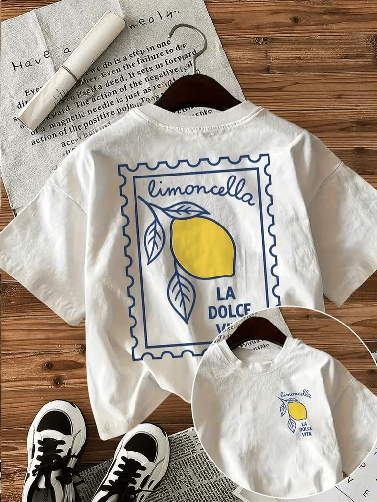 Limoncello Lemon Stamp Print T-shirt Italian Positano Graphic Double Sided Short Sleeve Tops Women Casual Streetwear Daily Tee