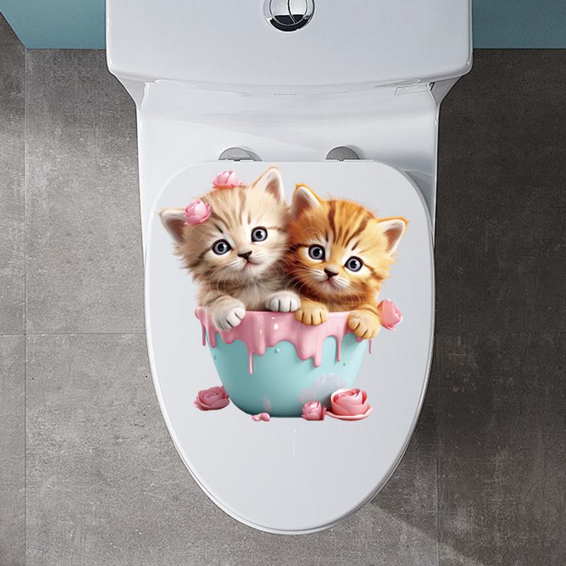 Милые наклейки на чашку с кошкой, водонепроницаемые наклейки для ванной комнаты, декор крышки унитаза для детской комнаты, съемный виниловый настенный арт