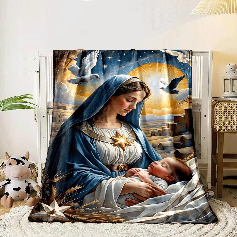 A serene nativity scene with radiant light, stars, doves, and wheat. for all seasons blanket lunch break throw gift
