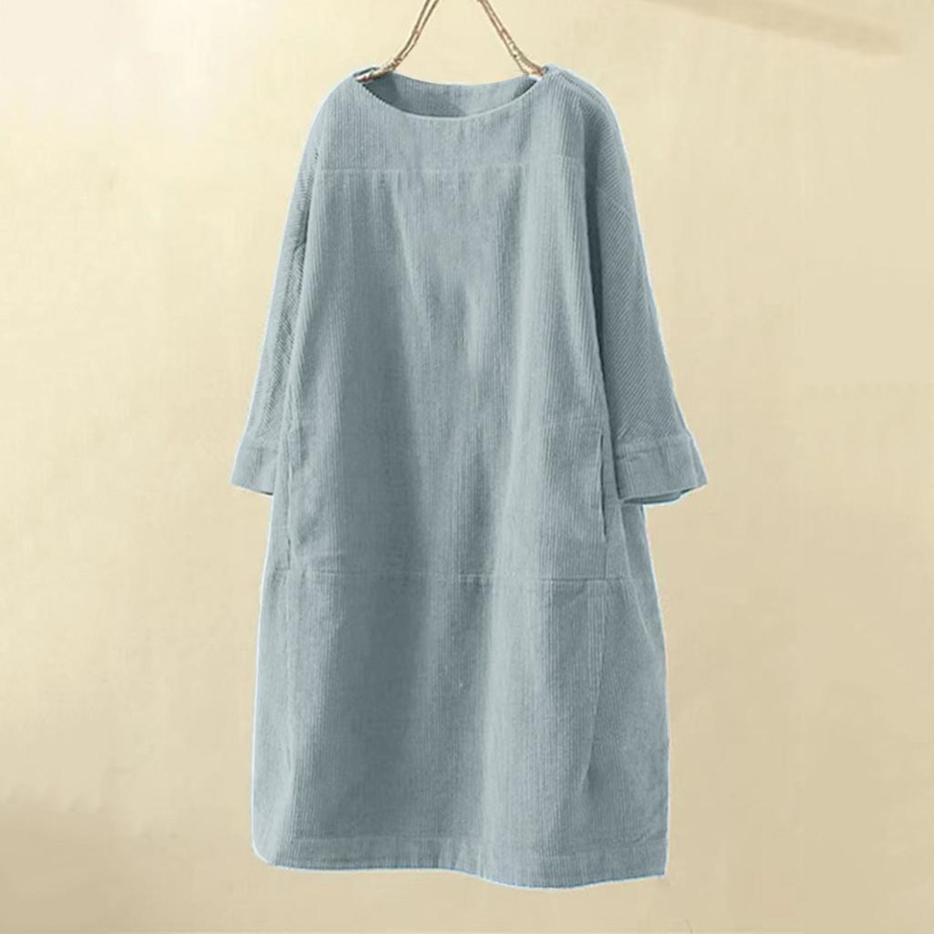 Женское модное платье больших размеров с круглым вырезом и длинными рукавами в стиле ретро с однотонным вельветовым принтом