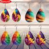 Vibrant Colorful Rendering PU Leather Earrings Abstract Mountain Ribbon Whirlpool Elements Pattern Water Drop Shaped Earrings