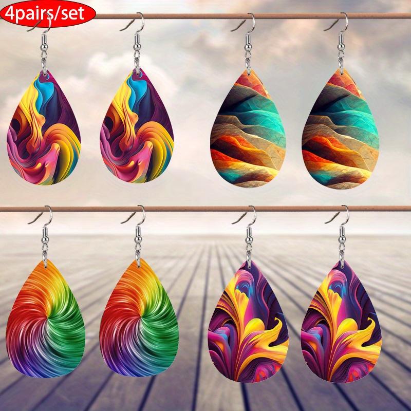 Vibrant Colorful Rendering PU Leather Earrings Abstract Mountain Ribbon Whirlpool Elements Pattern Water Drop Shaped Earrings