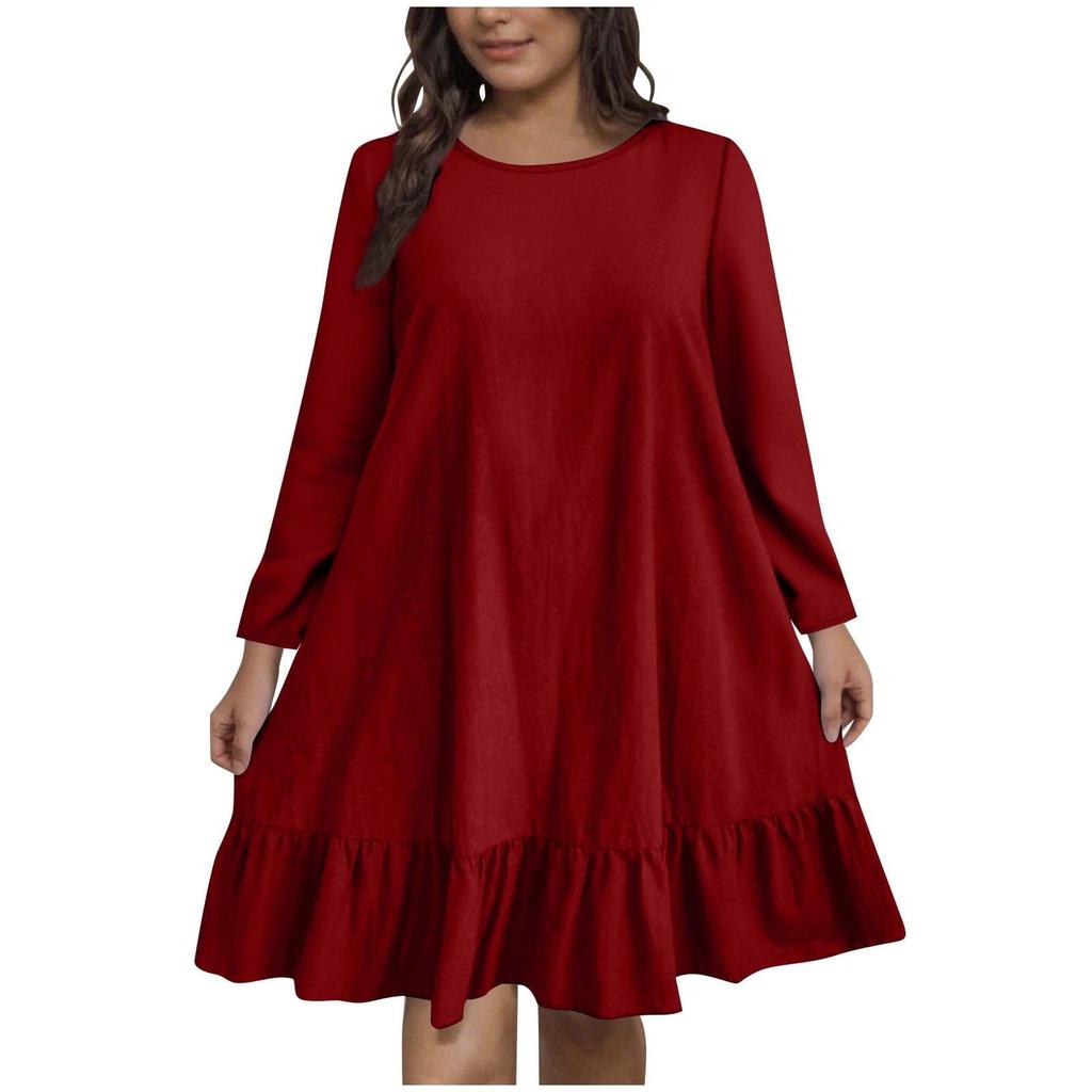 Women's Plus Size Casual Fashion Solid Color Round Neck Long Sleeves Dress
