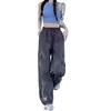 Women Cargo Pants Elastic High Waist Adjustable Drawstring Long Trousers Solid Color Wide Leg Multi Pockets
