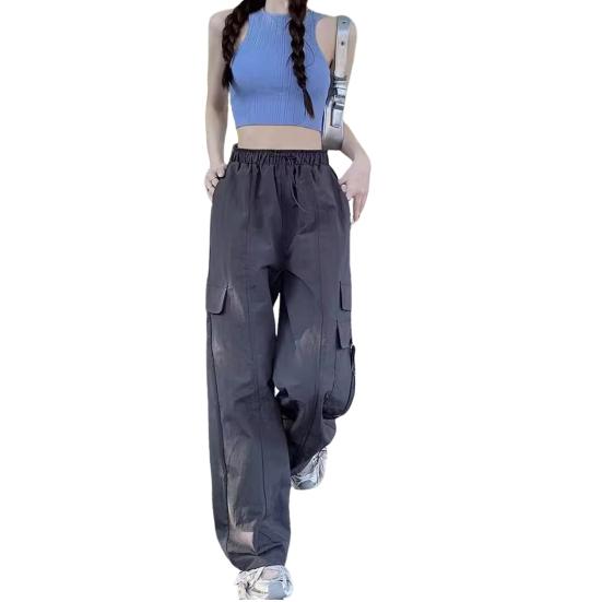 Брюки эластичные, с высокой талией, с регулируемым шнурком, длинные брюки, однотонные, широкие, с несколькими карманами