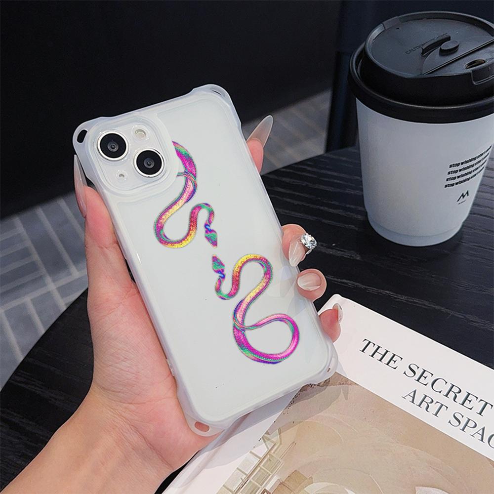 Soft Phone Cases for iPhone 16 15 13 12 11 14 Pro Max 8 Plus Four Corners Anti-Drop Protective Cover Optional Lanyard Rope N73 Black Gold Snake Design