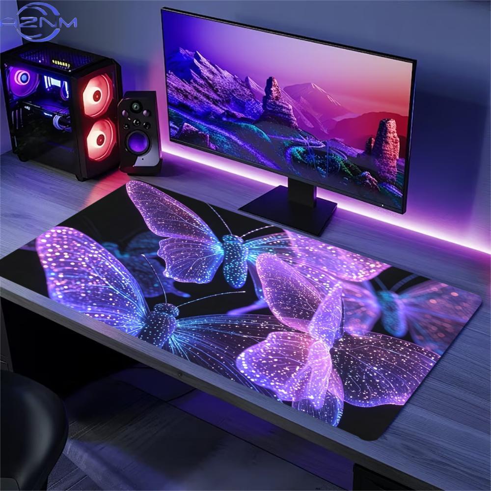 Non‑Slip Rubber Extended Keyboard Mousepad, Sparkly Galaxy Butterfly Purple‑Tone Desk Mat for Gaming Zone & Office Workstation