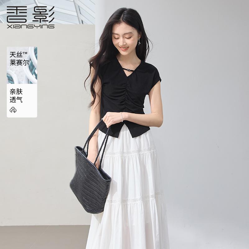 Pinch pleat waist cinching V-neck small fly sleeve short sleeved T-shirt