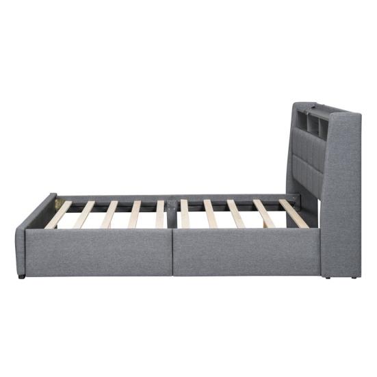 Upholstered Bed, 140 x 200cm, No Mattress, App-Controlled LED Light, Bed with Drawers Featuring Power Outlets and USB Ports, Built-In Storage