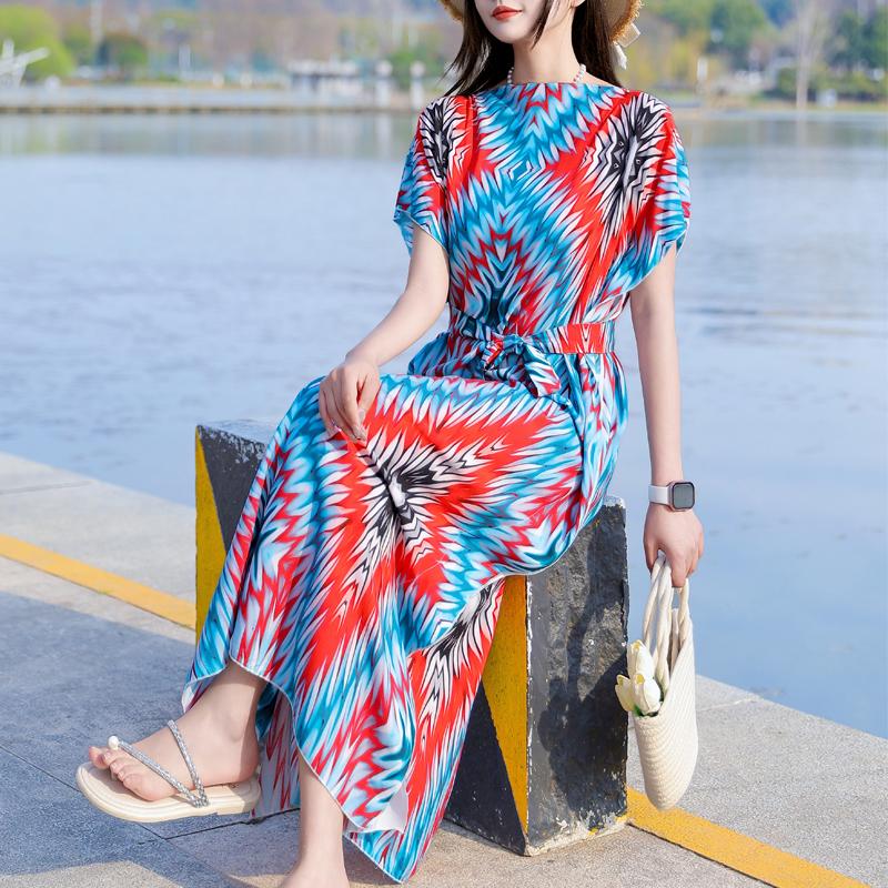 Элегантное летнее повседневное платье для женщин Винтажная одежда Короткий рукав Свободное длинное платье