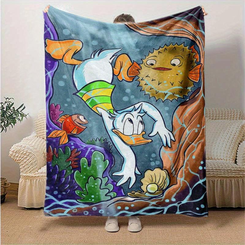 1pc Cartoon Puffer Fish and Donald Duck Design Blanket, Home Decorative Throw Blanket for All Seasons, Living Room, Travel, Camping, Car Bla