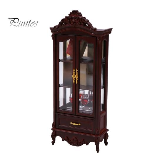 European Style Doll Mansion Accessory Miniature Curio Cabinet, 1/12 Scale Mini Wine Wooden Tiny Display Cabinet with Retro Storage Shelf Drawer,