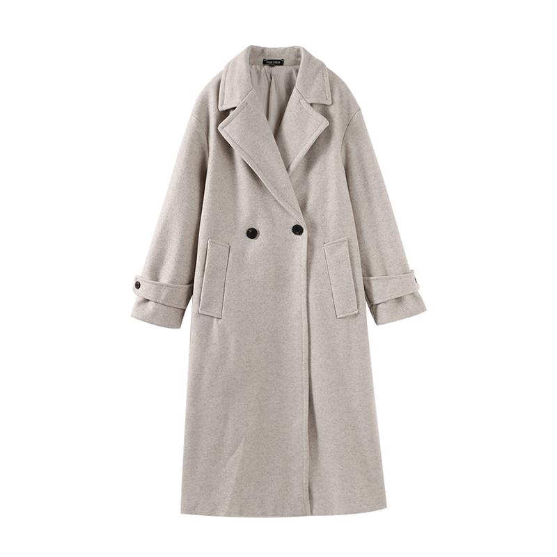 Женская мода шерстяная смесь теплое длинное пальто осень-зима свободный карман двубортный пиджак элегантное пальто с лацканами