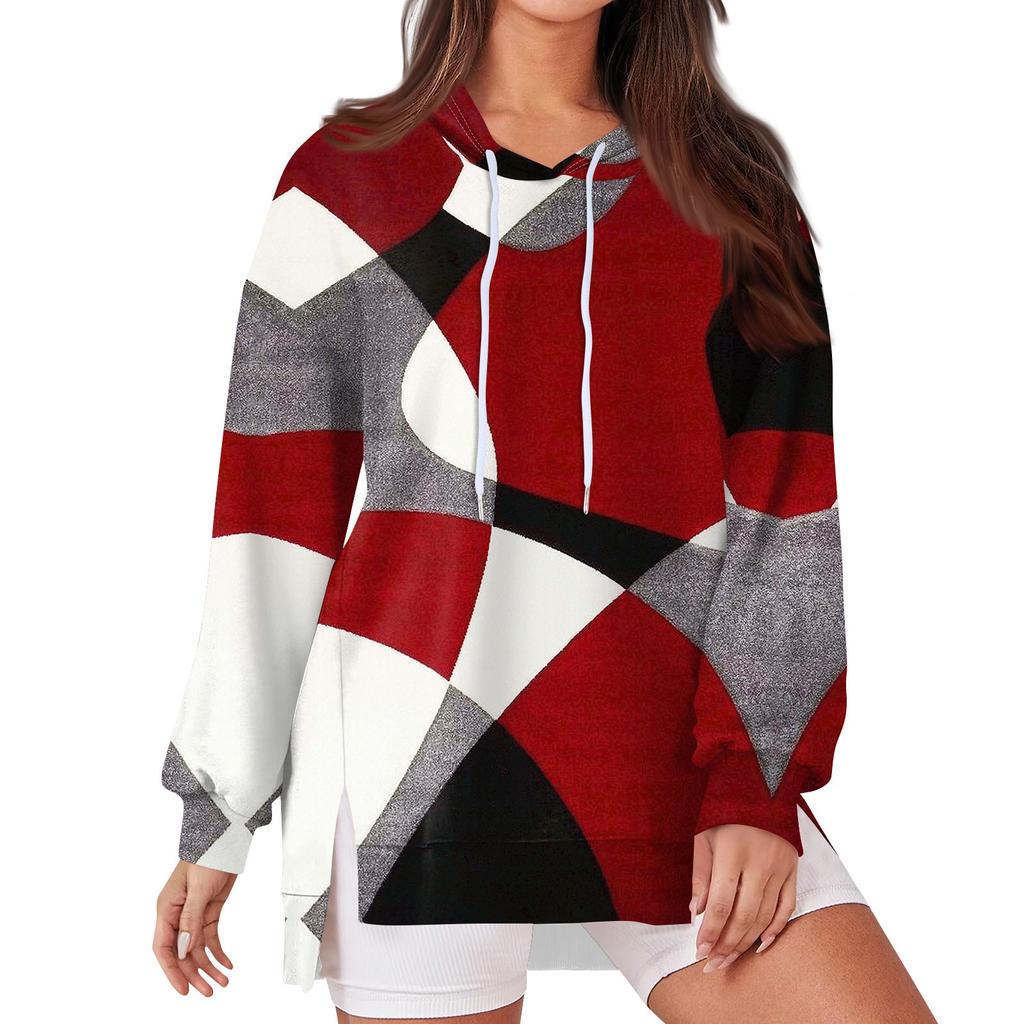 Women's Fashionable Casual Hoodie Long Sleeved Drawstring Pullover Geometric Splicing Printed  Loose Slit Sweatshirt