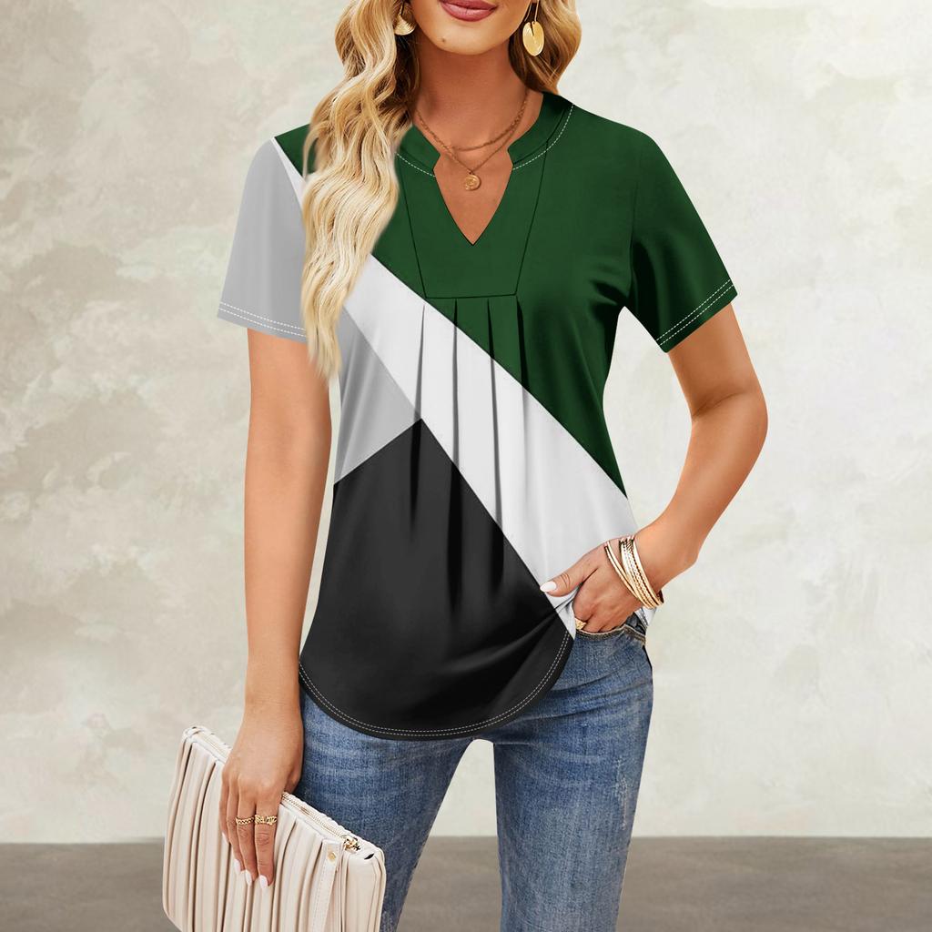Women's Short Sleeve Casual V-neck Chest Pleated Printed Loose T-shirt Top