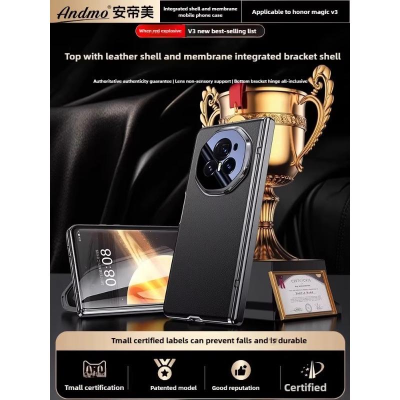 [Case and Film Integration] for Honor Magic V3 Case New Leather Center Axis Hinge All-inclusive Protective Belt Lens Holder Case