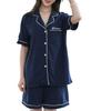 Yoimira Summer Loungewear Short Sleeve Top and Bottom Stylish Navy Women's Set, Open-Front Pajamas, Cotton,