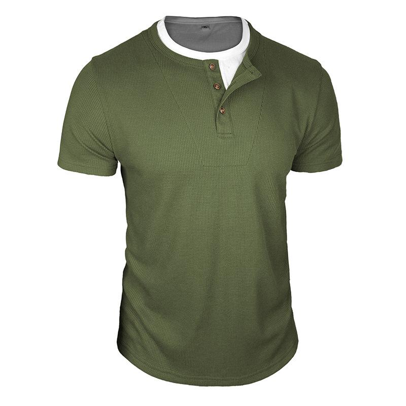Men Waffle Knit Henley Collar Short Sleeve Solid Color Casual Button Placket T Shirt